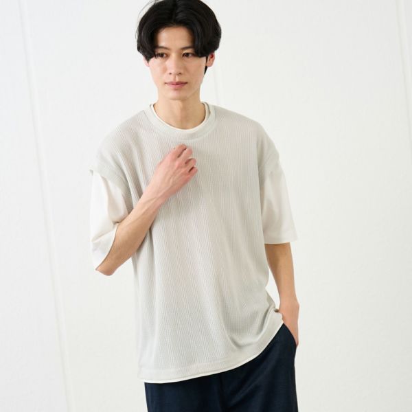 フェイクベストレイヤード　クルーネック五分袖Tシャツ