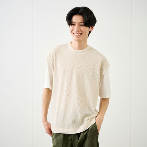 フェイクベストレイヤード　クルーネック五分袖Tシャツ