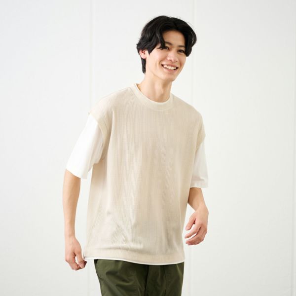 フェイクベストレイヤード　クルーネック五分袖Tシャツ