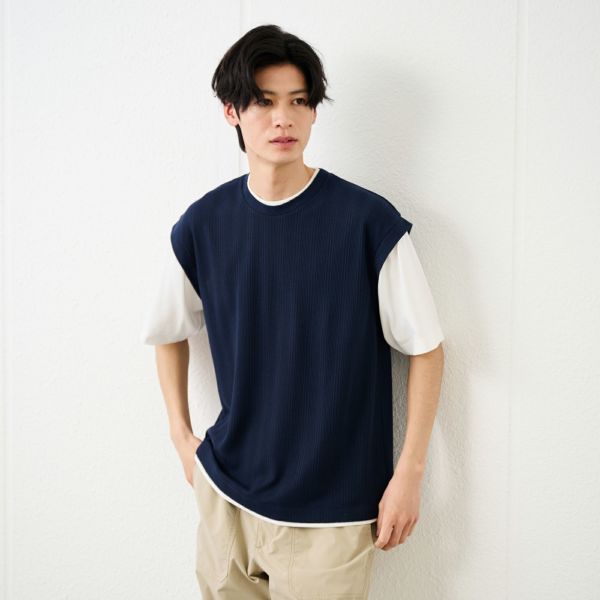 フェイクベストレイヤード　クルーネック五分袖Tシャツ