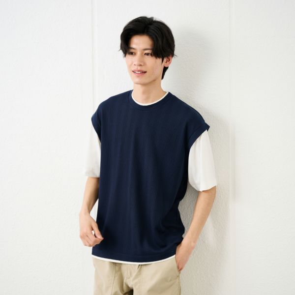 フェイクベストレイヤード　クルーネック五分袖Tシャツ