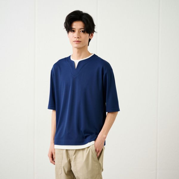 鹿の子キーネック　フェイクレイヤード5分袖Tシャツ