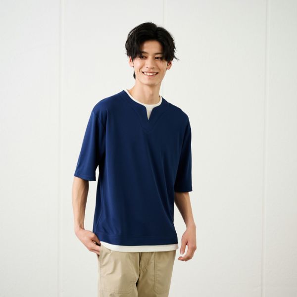 鹿の子キーネック　フェイクレイヤード5分袖Tシャツ