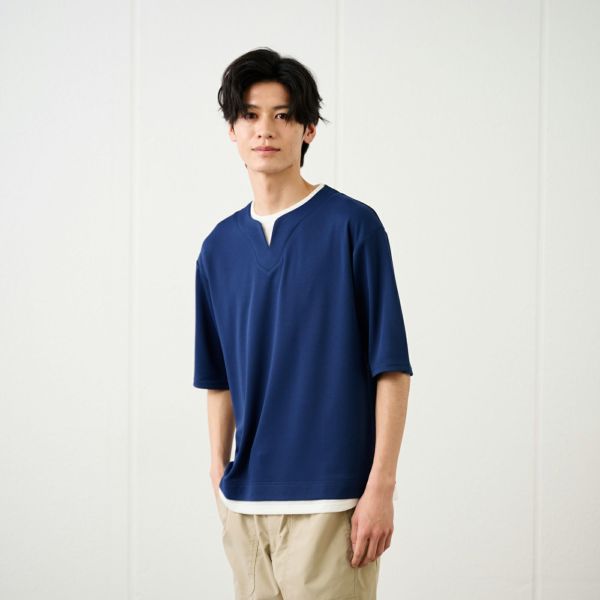 鹿の子キーネック　フェイクレイヤード5分袖Tシャツ