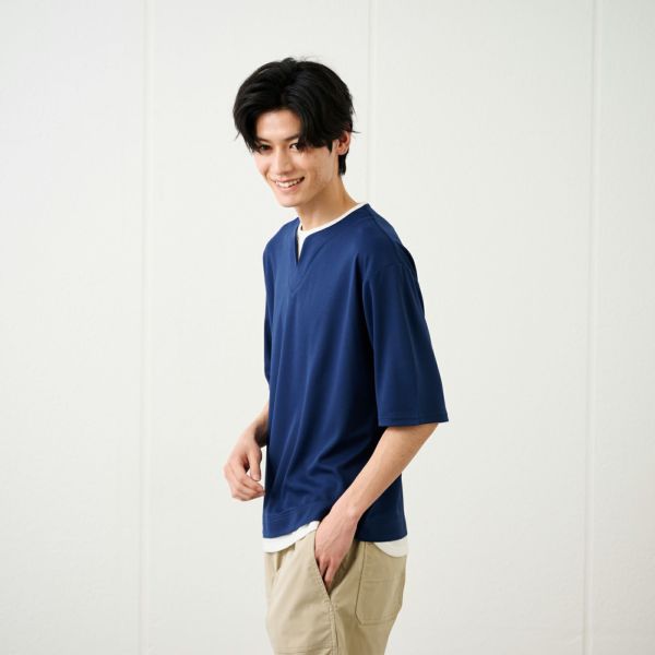 鹿の子キーネック　フェイクレイヤード5分袖Tシャツ