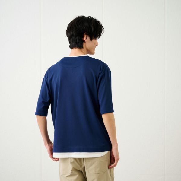 鹿の子キーネック　フェイクレイヤード5分袖Tシャツ