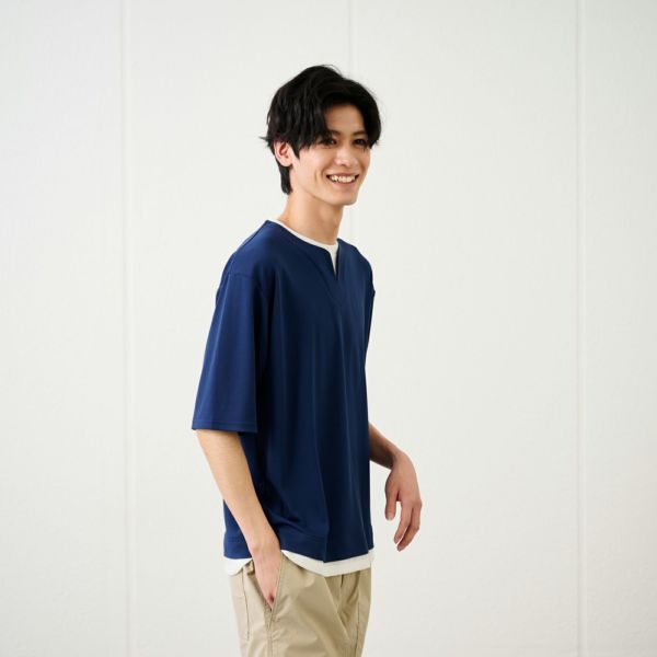 鹿の子キーネック　フェイクレイヤード5分袖Tシャツ