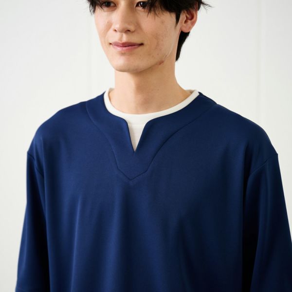鹿の子キーネック　フェイクレイヤード5分袖Tシャツ