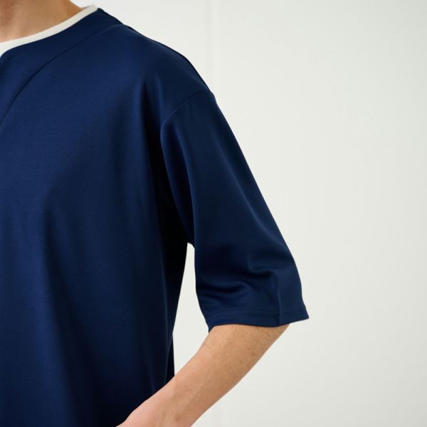 鹿の子キーネック　フェイクレイヤード5分袖Tシャツ