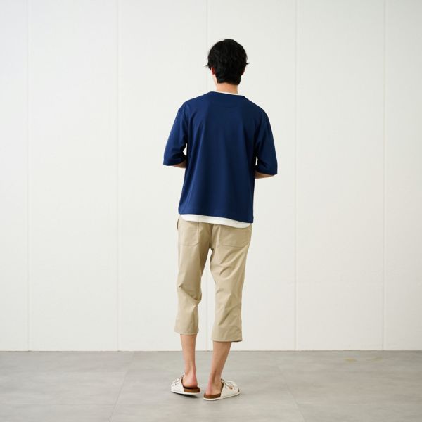 鹿の子キーネック　フェイクレイヤード5分袖Tシャツ