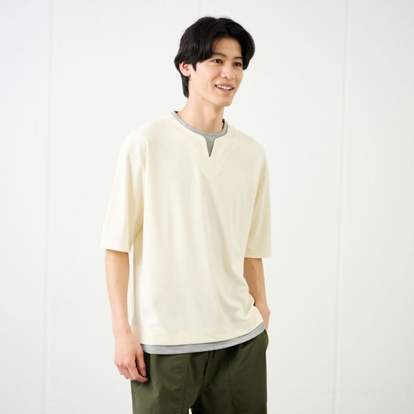 鹿の子キーネック　フェイクレイヤード5分袖Tシャツ