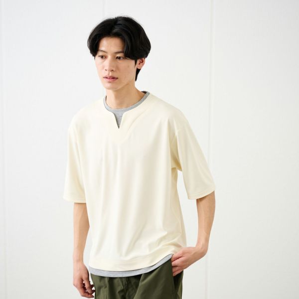 鹿の子キーネック　フェイクレイヤード5分袖Tシャツ