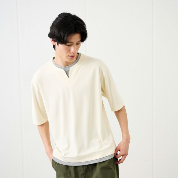 鹿の子キーネック　フェイクレイヤード5分袖Tシャツ