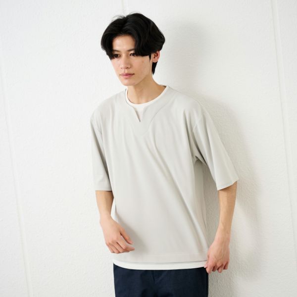 鹿の子キーネック　フェイクレイヤード5分袖Tシャツ