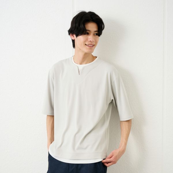 鹿の子キーネック　フェイクレイヤード5分袖Tシャツ