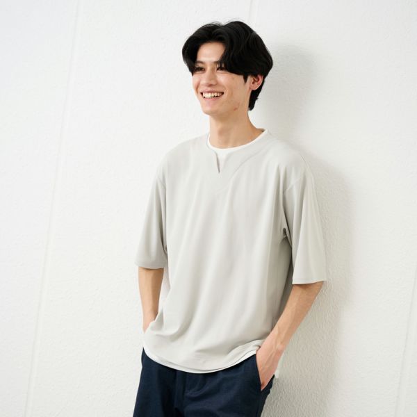 鹿の子キーネック　フェイクレイヤード5分袖Tシャツ