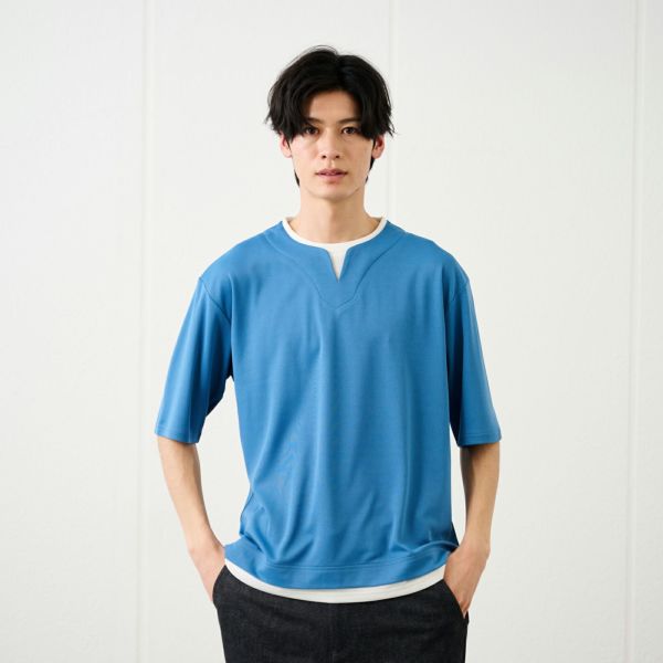 鹿の子キーネック　フェイクレイヤード5分袖Tシャツ