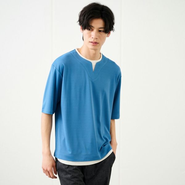 鹿の子キーネック　フェイクレイヤード5分袖Tシャツ