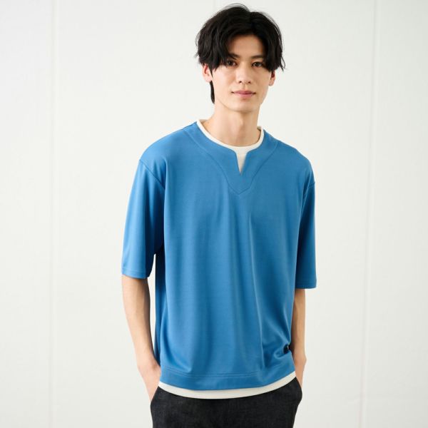 鹿の子キーネック　フェイクレイヤード5分袖Tシャツ