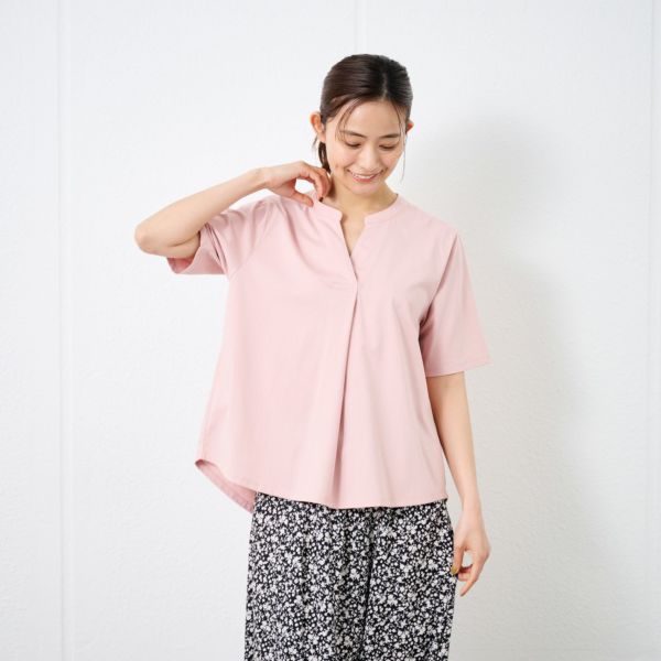 シルキーコットン　スキッパー襟Tシャツ