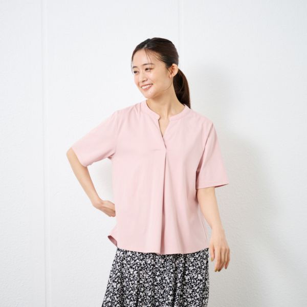 シルキーコットン　スキッパー襟Tシャツ