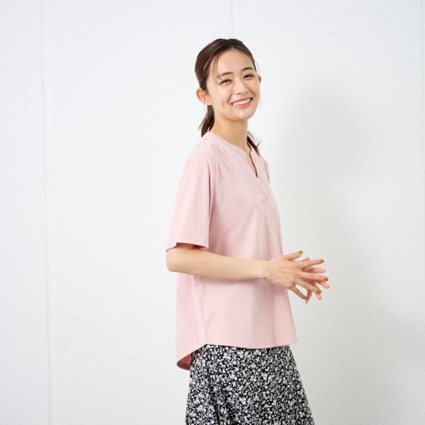 シルキーコットン　スキッパー襟Tシャツ