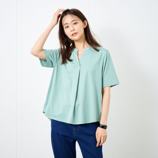 シルキーコットン　スキッパー襟Tシャツ