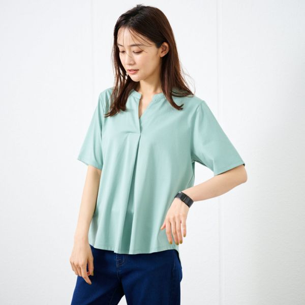 シルキーコットン　スキッパー襟Tシャツ