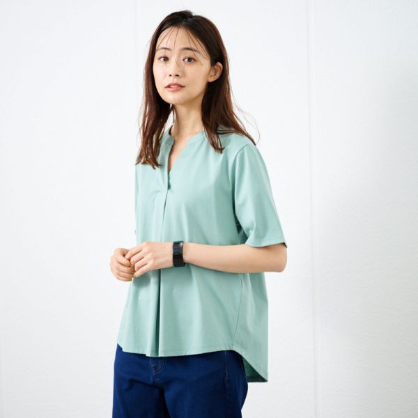 シルキーコットン　スキッパー襟Tシャツ