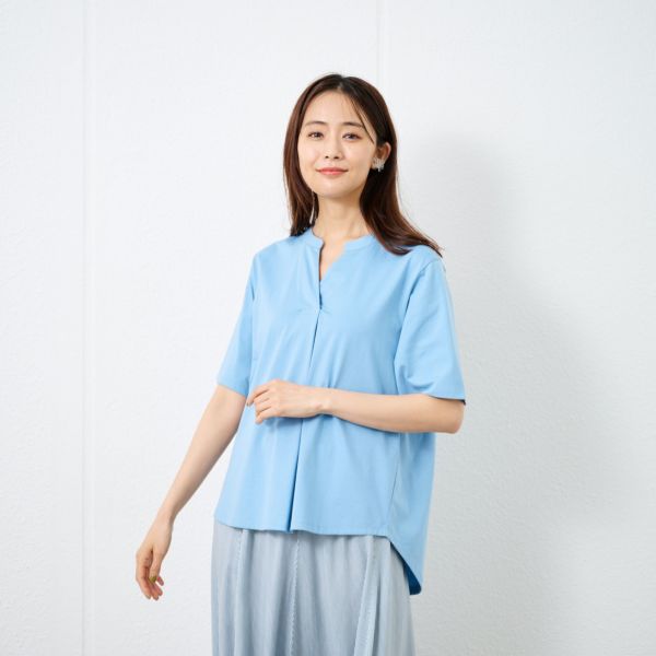 シルキーコットン　スキッパー襟Tシャツ