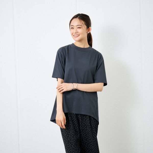 シルキーコットン　モックネックフレンチ袖Tシャツ