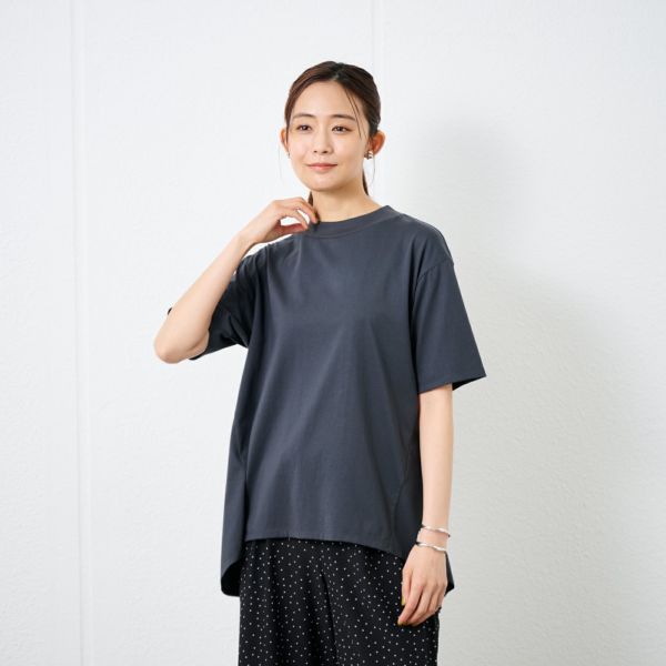 シルキーコットン　モックネックフレンチ袖Tシャツ