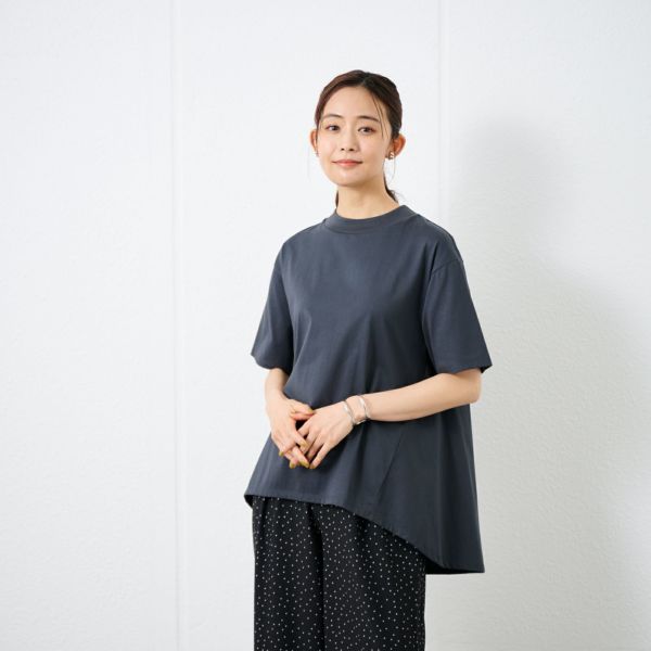 シルキーコットン　モックネックフレンチ袖Tシャツ