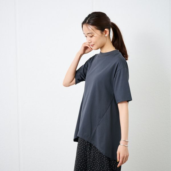 シルキーコットン　モックネックフレンチ袖Tシャツ