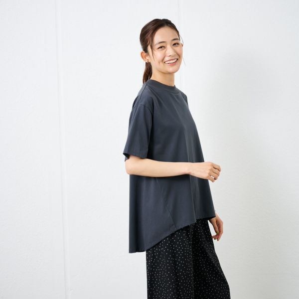 シルキーコットン　モックネックフレンチ袖Tシャツ
