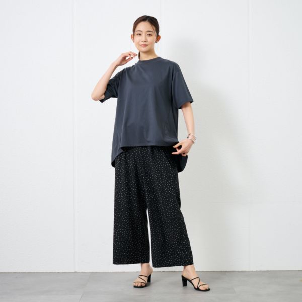 シルキーコットン　モックネックフレンチ袖Tシャツ