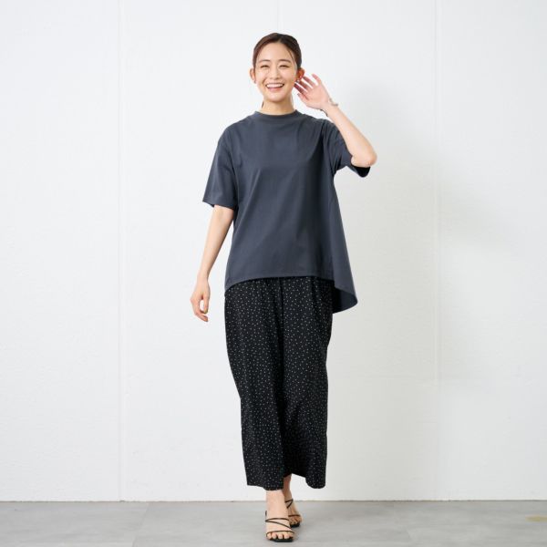 シルキーコットン　モックネックフレンチ袖Tシャツ
