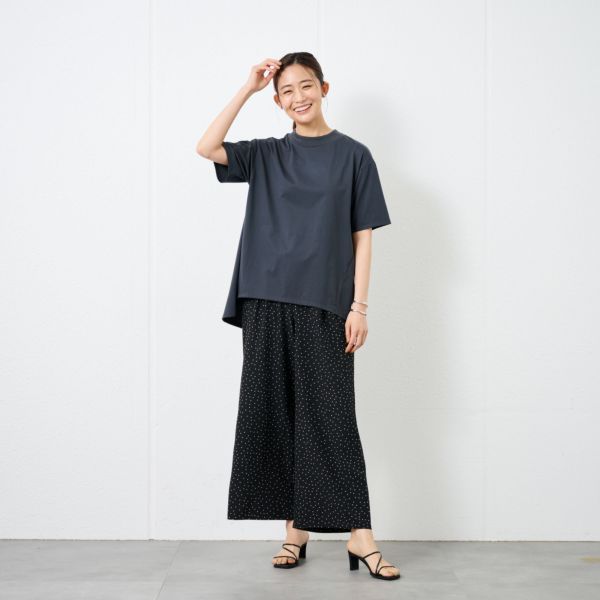 シルキーコットン　モックネックフレンチ袖Tシャツ