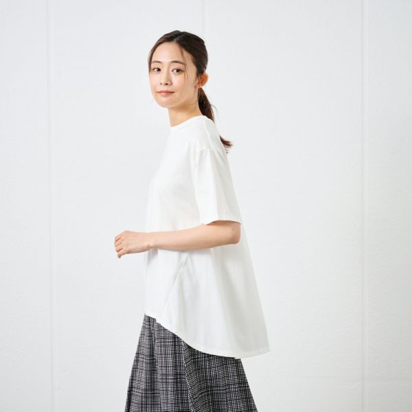 シルキーコットン　モックネックフレンチ袖Tシャツ