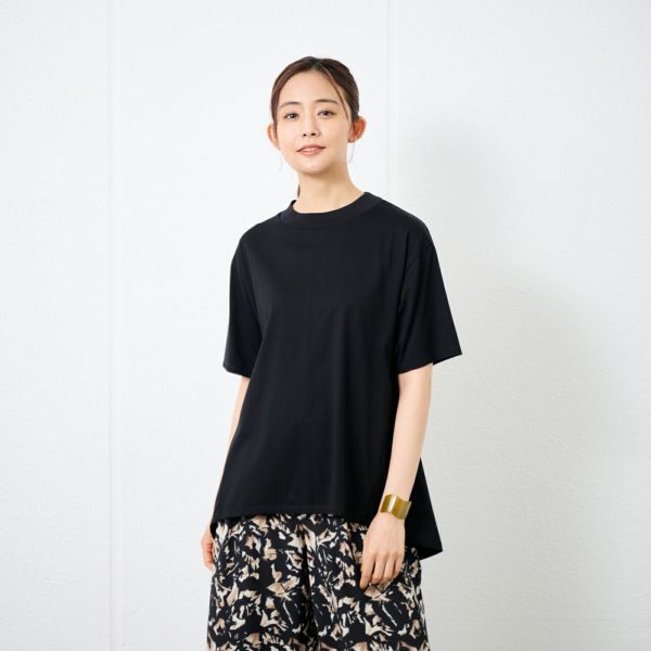 シルキーコットン　モックネックフレンチ袖Tシャツ