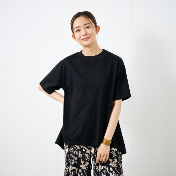シルキーコットン　モックネックフレンチ袖Tシャツ