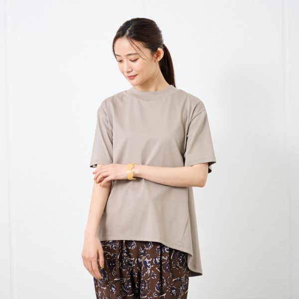 シルキーコットン　モックネックフレンチ袖Tシャツ