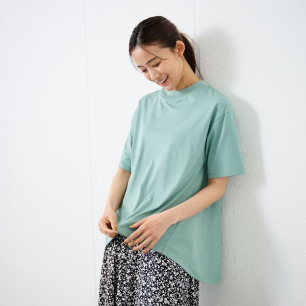 シルキーコットン　モックネックフレンチ袖Tシャツ