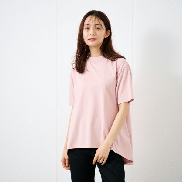 シルキーコットン　モックネックフレンチ袖Tシャツ