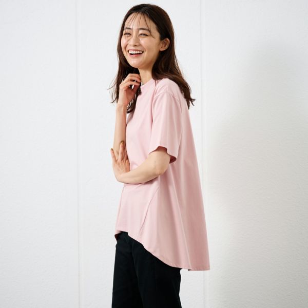 シルキーコットン　モックネックフレンチ袖Tシャツ