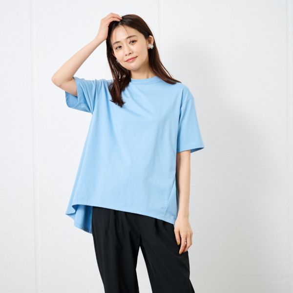 シルキーコットン　モックネックフレンチ袖Tシャツ
