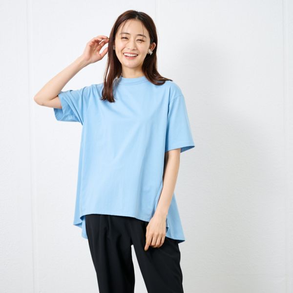 シルキーコットン　モックネックフレンチ袖Tシャツ