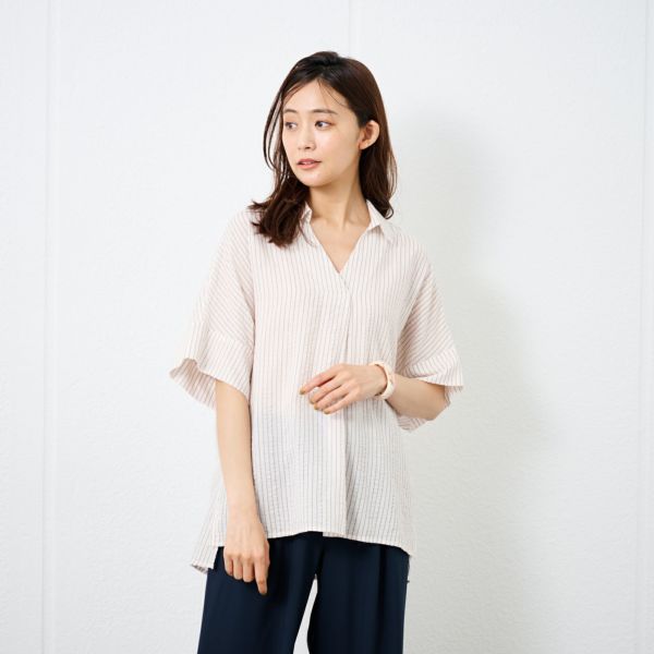 襟付き　ラメシャツ　5分袖　ブラウス　美品 襟付き ラメシャツ 5分袖 ブラウス 美品の通販 by みかん's shop
