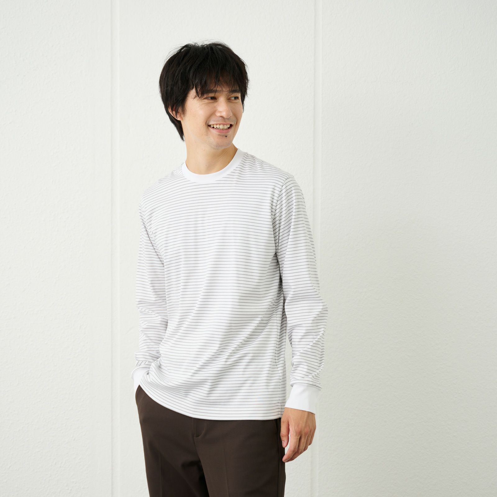 シルキータッチコットン　クルーボーダー長袖Tシャツ