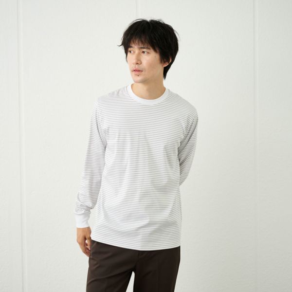 シルキータッチコットン　クルーボーダー長袖Tシャツ